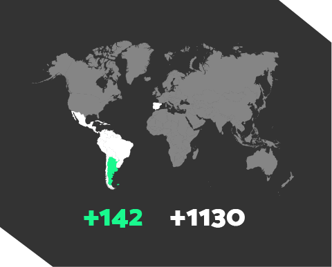 En esta imagen se muestra un planisferio, donde latinoamérica y España están coloreados de blanco, indicando el cátalogo de festivales con un número de + 1130. Por otro lado la república Argentina está coloreado de un suave verde indicando que el catálogo allí es de + 142
